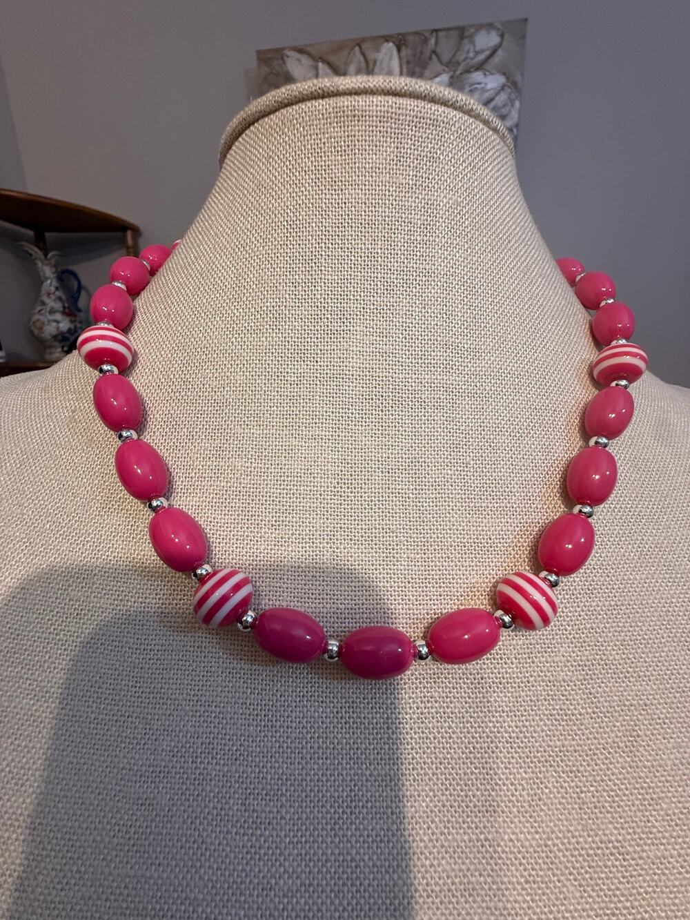 Vintage NOS Pink Acrylic Beaded Necklace 18” Striped